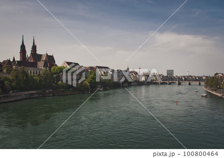 Beautiful architecture of Basel, Switzerland, at the River Rhine on a sunny day 100800464
