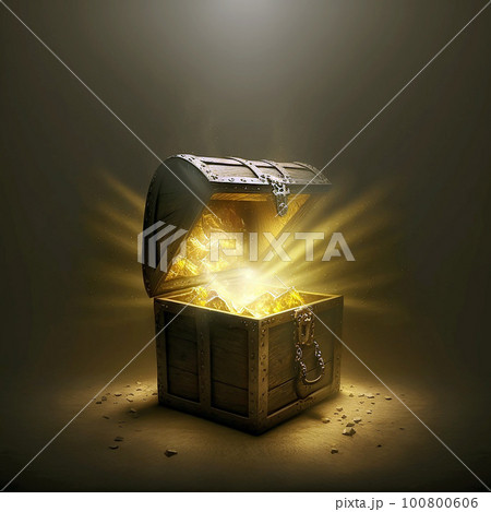 光り輝く財宝が入った宝箱が置かれた暗い空間 100800606
