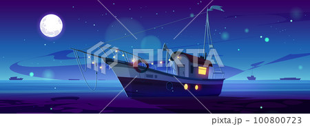 Cartoon yacht floating in night sea 100800723