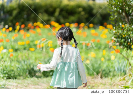 春にお出かけする子供（花畑・ポピー） 100800752