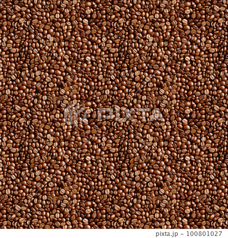 Beautiful background of coffee beans. Seamless pattern of whole roasted coffee beans. Generative AI. 100801027