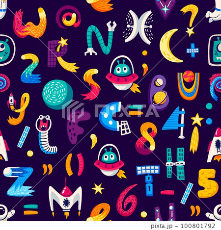 Kids space cartoon letters and numbers seamless pattern. Vector repeated background with abc in cosmic style. Creative kids ornament, wallpaper, textile or wrapping paper. Tiled backdrop with typeset Kids space cartoon letters and numbers seamless pattern. Vector repeated background with abc in cosmic style. Creative kids ornament, wallpaper, textile or wrapping paper. Tiled backdrop with typeset 100801792