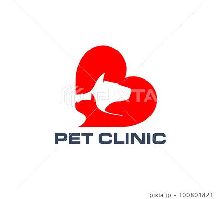 Pet clinic icon of cat and dog animals in red heart vector silhouette. Veterinary medicine and pet care hospital emblem with heads of dog, cat, puppy or kitten domestic animals, vet shop or clinic Pet clinic icon of cat and dog animals in red heart vector silhouette. Veterinary medicine and pet care hospital emblem with heads of dog, cat, puppy or kitten domestic animals, vet shop or clinic 100801821