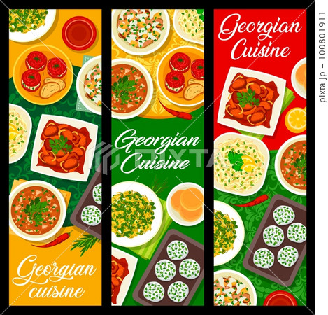 Georgian cuisine food banners. Vector baked green beans, flatbread and beef tongue salad, tomato sauce Satsebeli, stuffed tomatoes and cabbage salad, beef with Tkemali sauce, cheese mint balls 100801911
