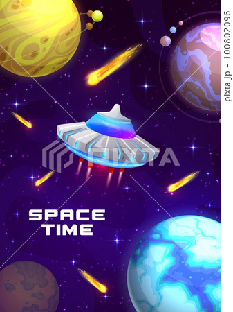 Cartoon galaxy space poster with alien UFO and planets in sky, vector background. Space time and galaxy exploration or spaceflight adventure to alien extraterrestrial planets in fantasy world galactic 100802096