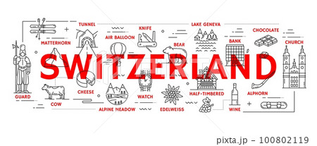 Switzerland travel icons. Europe vacation travel, Switzerland landmarks outline vector banner with ski, lake Geneva, guard and church, bear, half-timbered house, air balloon and tunnel, Swiss knife Switzerland travel icons. Europe vacation travel, Switzerland landmarks outline vector banner with ski, lake Geneva, guard and church, bear, half-timbered house, air balloon and tunnel, Swiss knife 100802119