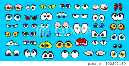 Cartoon comic eyes characters. Vector emotion expression emoticons with cute, funny, angry and mad, sad and happy look eyes. Comic face elements set with doodle eyeballs, eyebrows, eyelids, eyelashes Cartoon comic eyes characters. Vector emotion expression emoticons with cute, funny, angry and mad, sad and happy look eyes. Comic face elements set with doodle eyeballs, eyebrows, eyelids, eyelashes 100802159