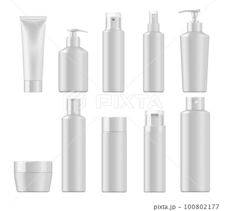 Cosmetics package mockups. Vector realistic containers of beauty products, white blank plastic bottles, tubes and jar for cream, lotion and shampoo, skin care spray, shower gel, bath oil, liquid soap 100802177