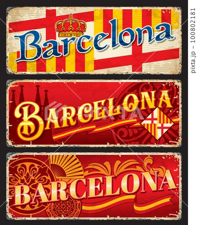 Barcelona travel stickers and plates or Spain city luggage tags, vector tin signs. Spain travel and tourism plates with Spanish flag, landmark of Sagrada Familia and city emblem or coat of arms 100802181