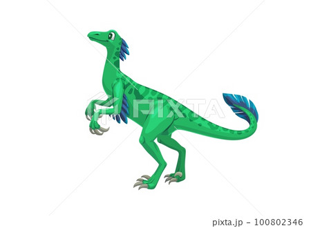 Cartoon troodon dinosaur character. Isolated vector small carnivorous dino that lived in North America during the Cretaceous Period. Prehistoric reptile, wildlife lizard biped predator with feathers 100802346