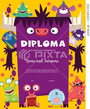 Kids diploma with cartoon funny monsters and creature characters, vector kindergarten certificate. Cheerful bizarre alien monsters, furry yeti and gremlins on school diploma or award background Kids diploma with cartoon funny monsters and creature characters, vector kindergarten certificate. Cheerful bizarre alien monsters, furry yeti and gremlins on school diploma or award background 100802362