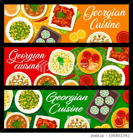 Georgian cuisine food banners. Vector flatbread, beef tongue salad and baked green beans, tomato sauce Satsebeli, stuffed tomatoes and cabbage salad, cheese mint balls, beef with Tkemali sauce Georgian cuisine food banners. Vector flatbread, beef tongue salad and baked green beans, tomato sauce Satsebeli, stuffed tomatoes and cabbage salad, cheese mint balls, beef with Tkemali sauce 100802392