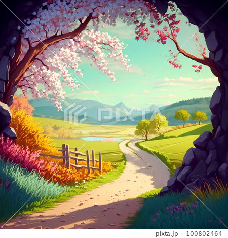 自然が豊かな一本道と桜の木のトンネル 100802464