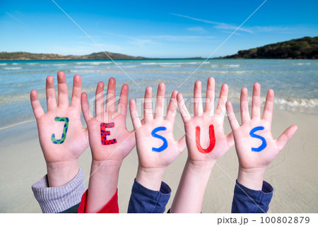 Children Hands Building Word Jesus, Ocean And Sea 100802879