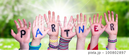 Children Hands Building Word Partner, Grass Meadow 100802897