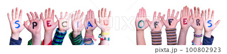 Children Hands Building Word Special Offers, Isolated Background Children Hands Building Word Special Offers, Isolated Background 100802923
