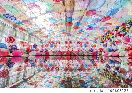 ハーブ園のカラフルな「アンブレラスカイ」 福島県猪苗代町 ハーブ園のカラフルな「アンブレラスカイ」 福島県猪苗代町 100803528