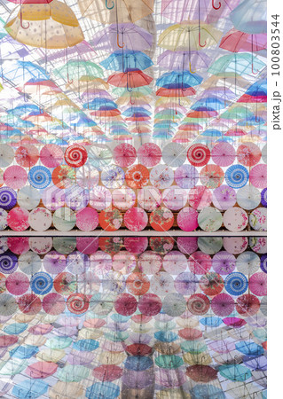 ハーブ園のカラフルな「アンブレラスカイ」　福島県猪苗代町 100803544