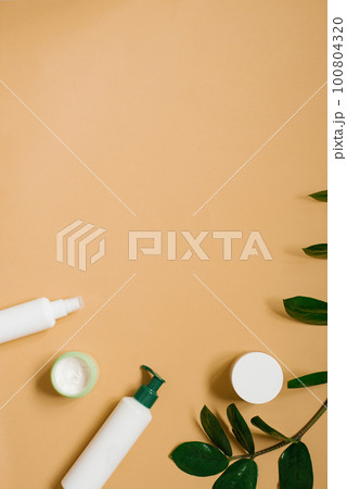 Minimal composition with skin care cosmetics and green on a pastel beige background. Flat lay, copy space. 100804320