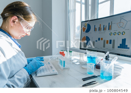 A female researcher sits at a workplace in a laboratory, behind a personal computer monitor. A female researcher sits at a workplace in a laboratory, behind a personal computer monitor. 100804549