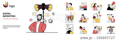 Digital marketing concept with character situations collection. Bundle of scenes people promoting business in social media, targeting and attracting clients. Vector illustrations in flat web design 100805727