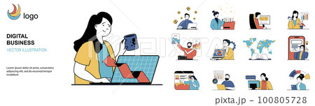 Digital business concept with character situations collection. Bundle of scenes people developing online company, analysis data, e-commerce and earning profit. Vector illustrations in flat web design 100805728