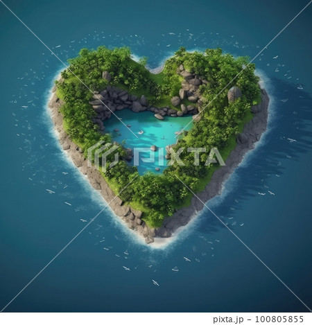Tropical Heart Shape Island. Illustration AI Generative 100805855
