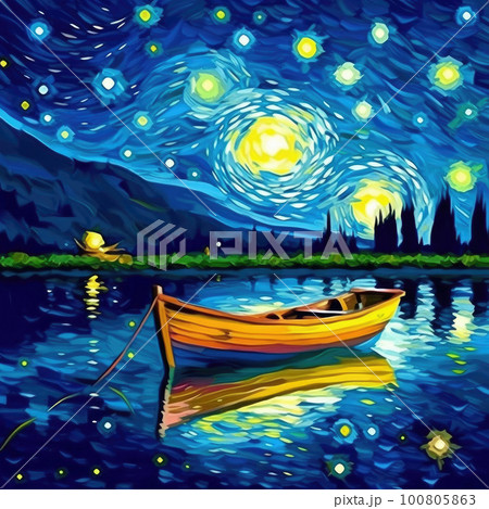 Painting Boat at Night Sea. Illustration AI Generative 100805863