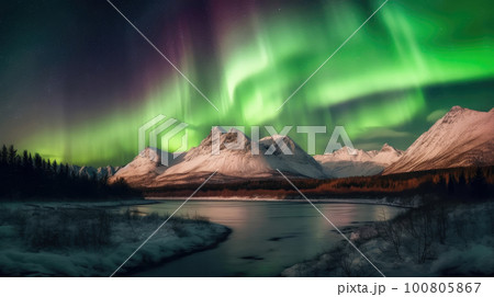 Northern Lights Above Mountains Illustration AI Generative 100805867