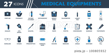 Medical Equipment Icon Set. Collection of First Aid Box, Mortar and Pestle, Stethoscope, Weight Scale, Glucometer, Inhaler, Scalpel, Hospital and Vaccine Icons. Editable Vector Symbol Illustration. 100805932