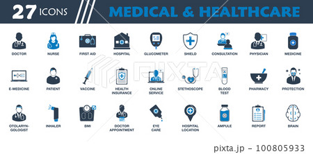 Medical and Healthcare Icon set. Collection of Doctor, Nurse, Hospital, Physician, Medicine, Vaccine, First Aid, Stethoscope and Report icons. Editable Vector Symbol Illustration. 100805933