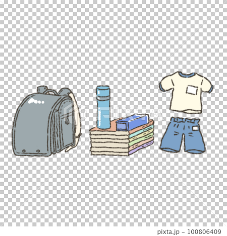 Illustration of a school bag and its contents Illustration of a school bag and its contents 100806409