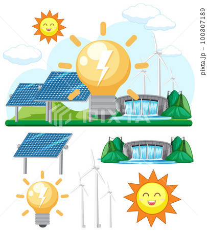 Green energy concept with solar panels and wind turbines Green energy concept with solar panels and wind turbines 100807189
