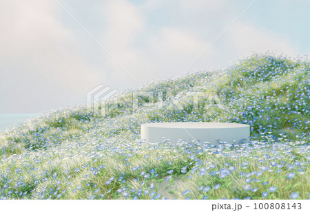 Natural beauty podium backdrop with spring blue flowers landscape scene. Natural beauty podium backdrop with spring blue flowers landscape scene. 100808143