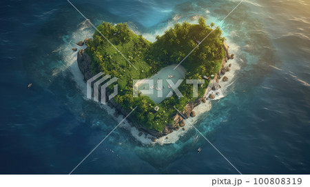 Tropical Heart Shape Island. Illustration AI Generative 100808319