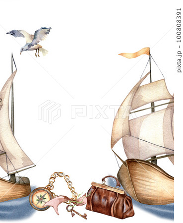 Seamless board of sailing boats vintage style watercolor illustration isolated on white. 100808391