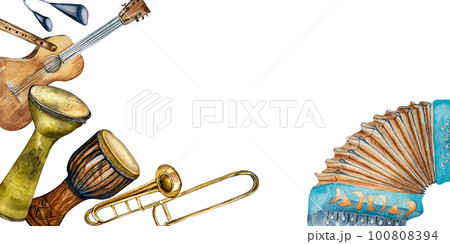 Board of variouse percussion musical instruments watercolor illustration isolated. 100808394