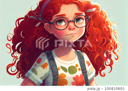 Cute cartoon curly redhead girl with glasses. Cartoon character 100810601