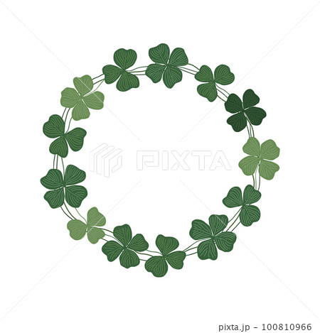 Clover wreath. Round frame of hand drawn clover leaves. St. Patrick day background. Vector flat illustration. Clover wreath. Round frame of hand drawn clover leaves. St. Patrick day background. Vector flat illustration. 100810966