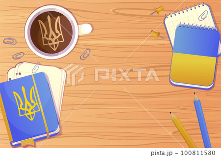 Workplace with ukranian stationary, cup with coffee, notebook, paper notes top view on wooden desk, table in cartoon style. Workplace with ukranian stationary, cup with coffee, notebook, paper notes top view on wooden desk, table in cartoon style. 100811580