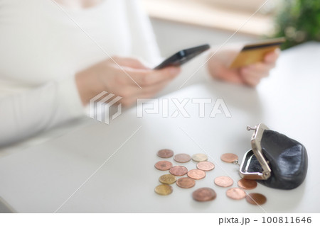 Bank, coins and mobile in tax files for financial year or consulting at work desk or at home. Economy, money and accountant working on corporate documents and administration for management. 100811646