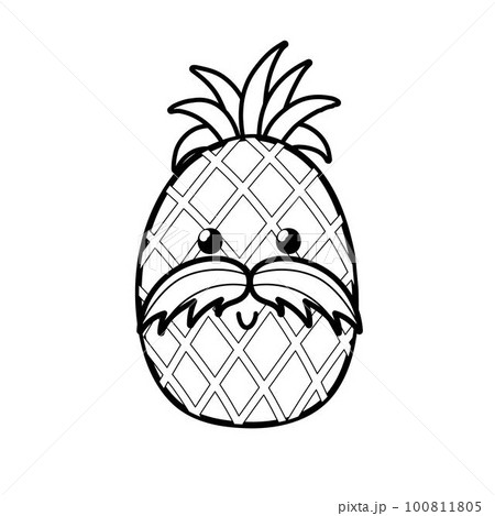 Cute black and white pineapple with mustache. Summer coloring page for kids Cute black and white pineapple with mustache. Summer coloring page for kids 100811805