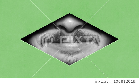 Black and white image of male face part, lips and moustaches against green background in geometric shape element. Contemporary art collage. Conceptual design. 100812019