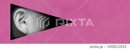 Overhearing. Human face part, ear over pink background. Geometric abstract elements. Secrets. Contemporary art collage. Conceptual design. 100812032