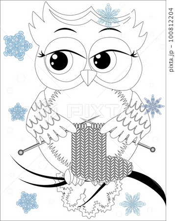 Coloring book for adult and older children. Coloring page with cute owl and floral frame. Outline drawing in zentangle style 100812204