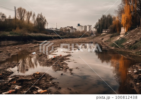 Polluted river with garbage and industrial waste illustration generative ai 100812438