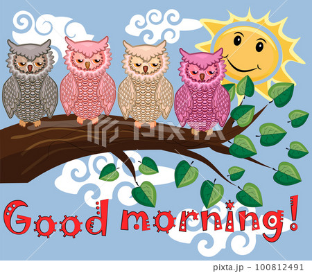 Two bright, cartoon, lovely, colorful owl-girls drink coffee on a flowering branch of a tree. Morning, breakfast Two bright, cartoon, lovely, colorful owl-girls drink coffee on a flowering branch of a tree. Morning, breakfast 100812491