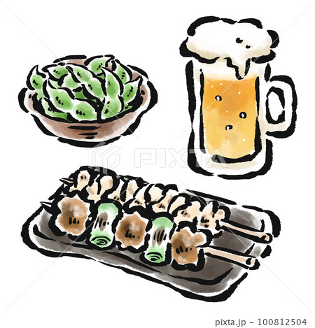 焼き鳥・枝豆・ビール　筆タッチイラスト　ベクター 100812504