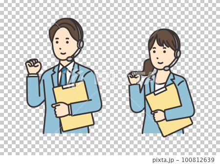 Illustration set of female and male operators holding materials and doing guts pose Illustration set of female and male operators holding materials and doing guts pose 100812639