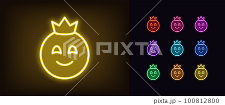 Outline neon king emoji icon set. Glowing neon royal emoticon with crown, smiling king face pictogram. Royal cute smile, kind kingdom, joy empire, king crown, nice emoticon emperor. 100812800